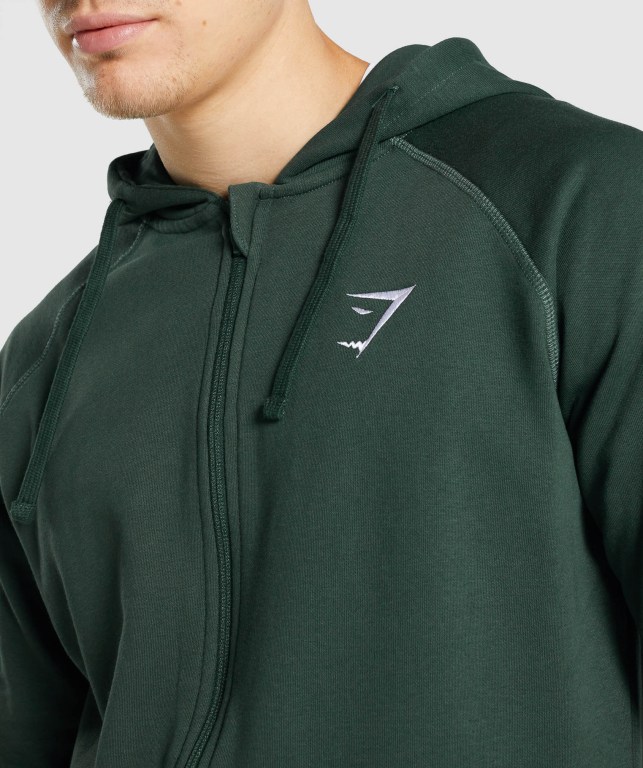 Dark Green Gymshark Crest Zip Up Men's Hoodies | US-71BNLYG