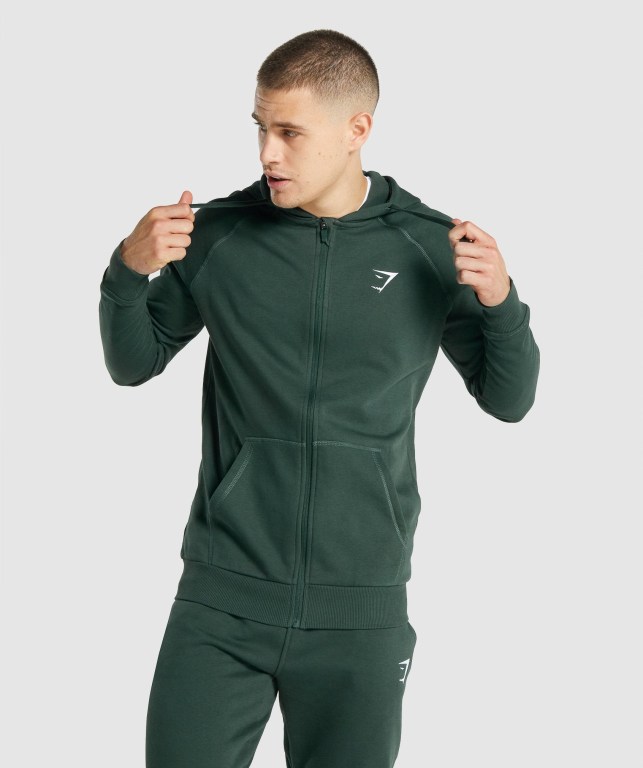 Dark Green Gymshark Crest Zip Up Men\'s Hoodies | US-71BNLYG