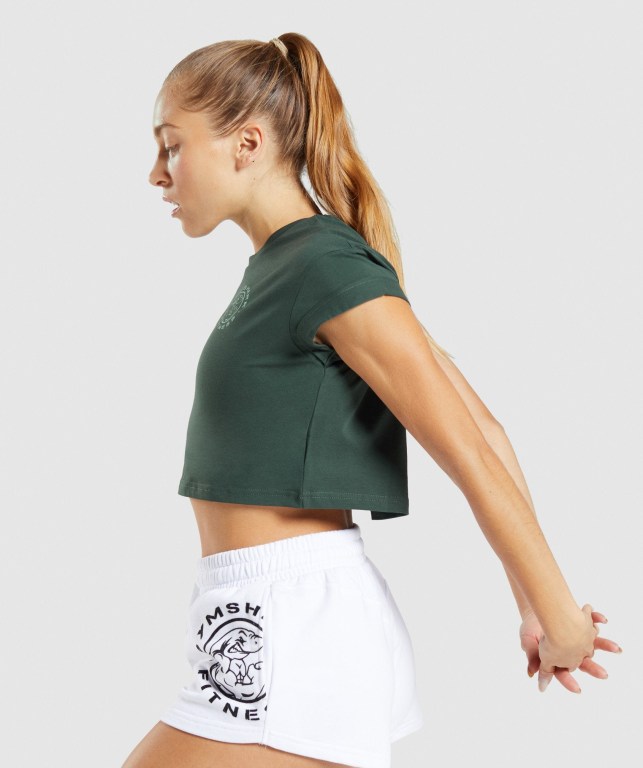 Dark Green Gymshark Legacy Graphic Crop Women's T Shirts | US-74PNCZM