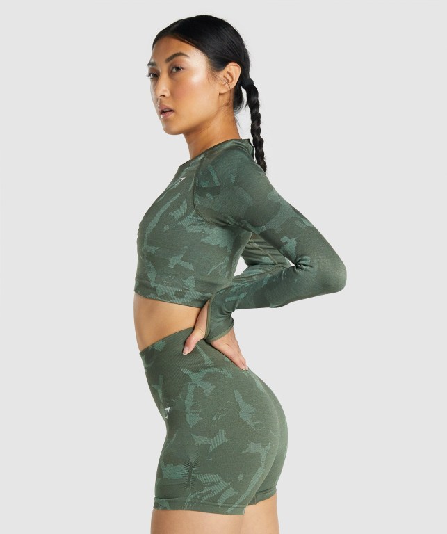 Green Gymshark Adapt Camo Seamless Crop Top Women's T Shirts | US-21BXHKT