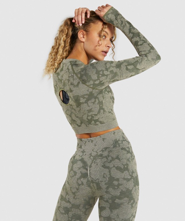 Green Gymshark Adapt Camo Seamless Crop Top Women's Sweatshirts | US-80DEUAP