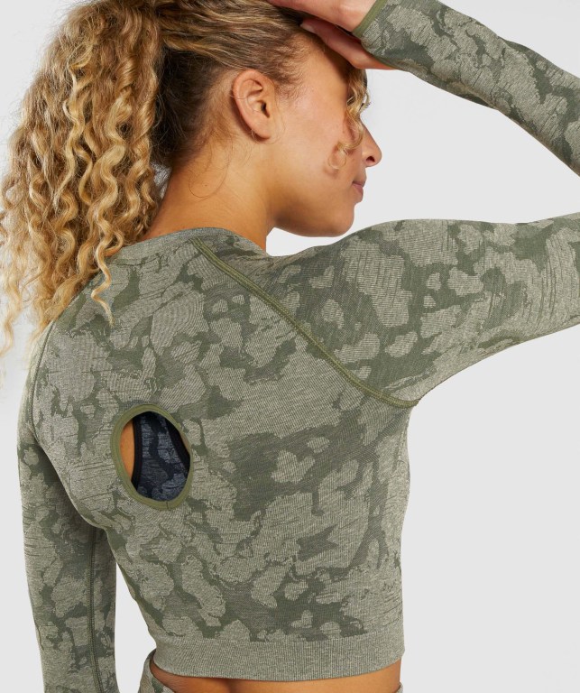 Green Gymshark Adapt Camo Seamless Crop Top Women's Sweatshirts | US-80DEUAP