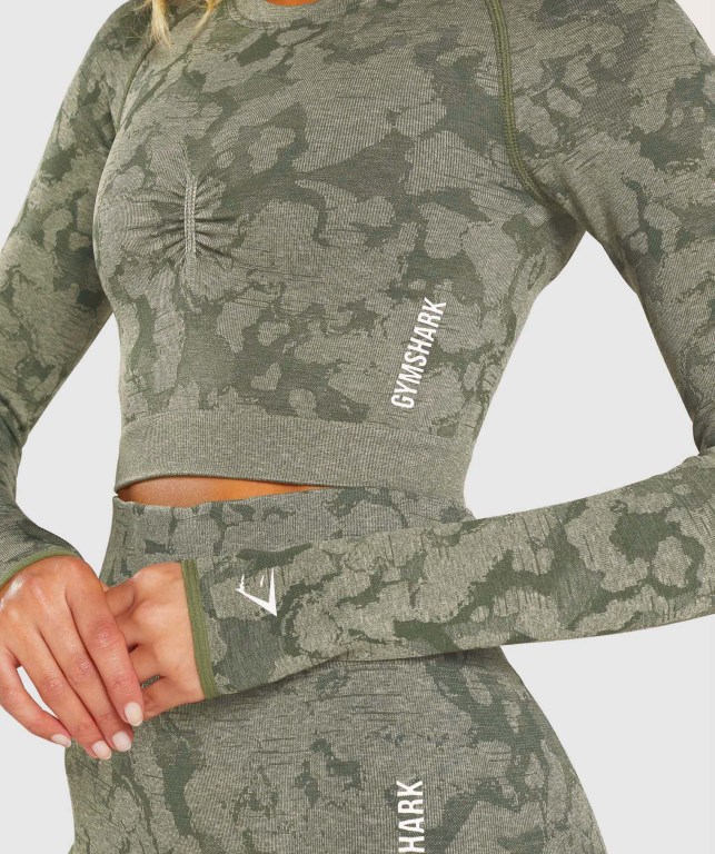 Green Gymshark Adapt Camo Seamless Crop Top Women's Sweatshirts | US-80DEUAP