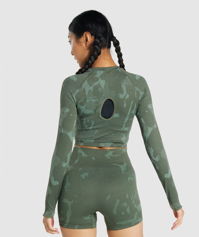 Green Gymshark Adapt Camo Seamless Crop Top Women's Sweatshirts | US-81KIBEZ