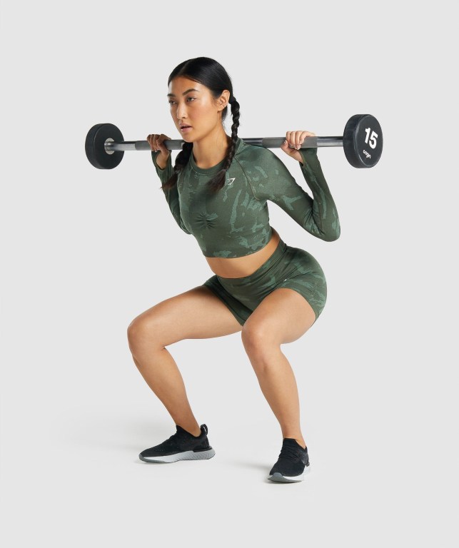 Green Gymshark Adapt Camo Seamless Crop Top Women's Sweatshirts | US-81KIBEZ