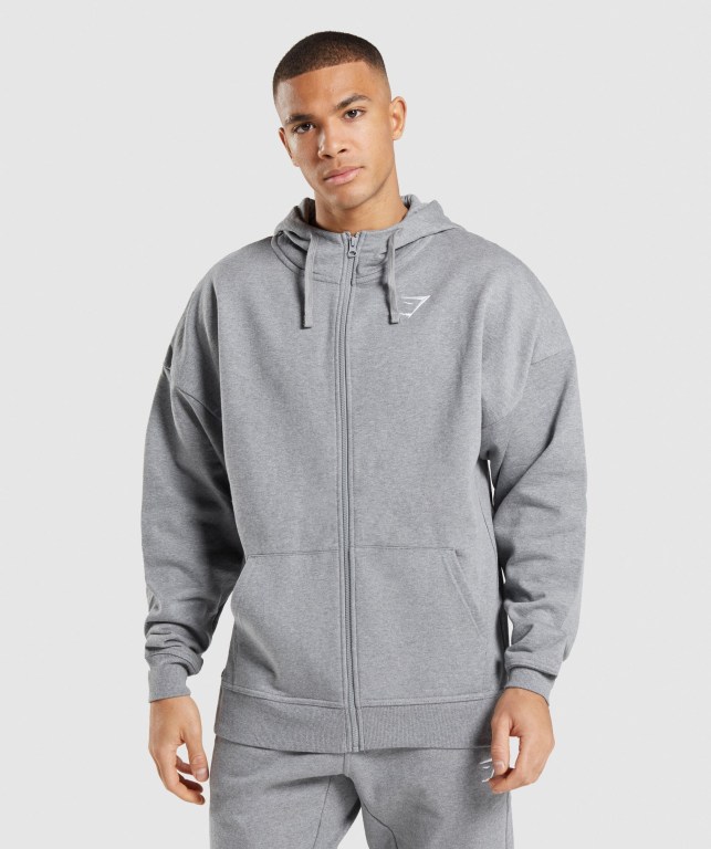 Grey Gymshark Essential Oversized Zip Up Men\'s Hoodies | US-04IARZO