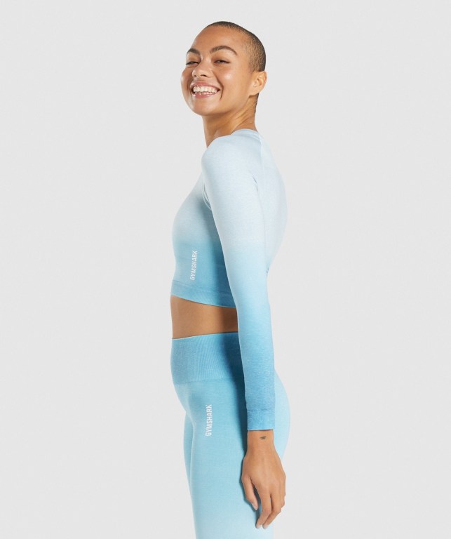 Light Blue / Light Blue Gymshark Adapt Ombre Seamless Crop Top Women's Sweatshirts | US-74AZRUW