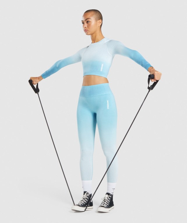 Light Blue / Light Blue Gymshark Adapt Ombre Seamless Crop Top Women's Sweatshirts | US-74AZRUW