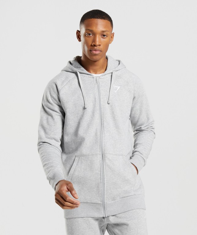 Light Grey Gymshark Crest Zip Up Men\'s Hoodies | US-35QWHNI