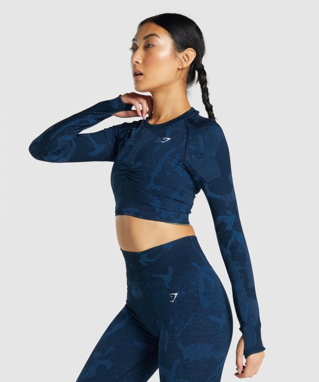 Navy Gymshark Adapt Camo Seamless Crop Top Women's T Shirts | US-05BICLX