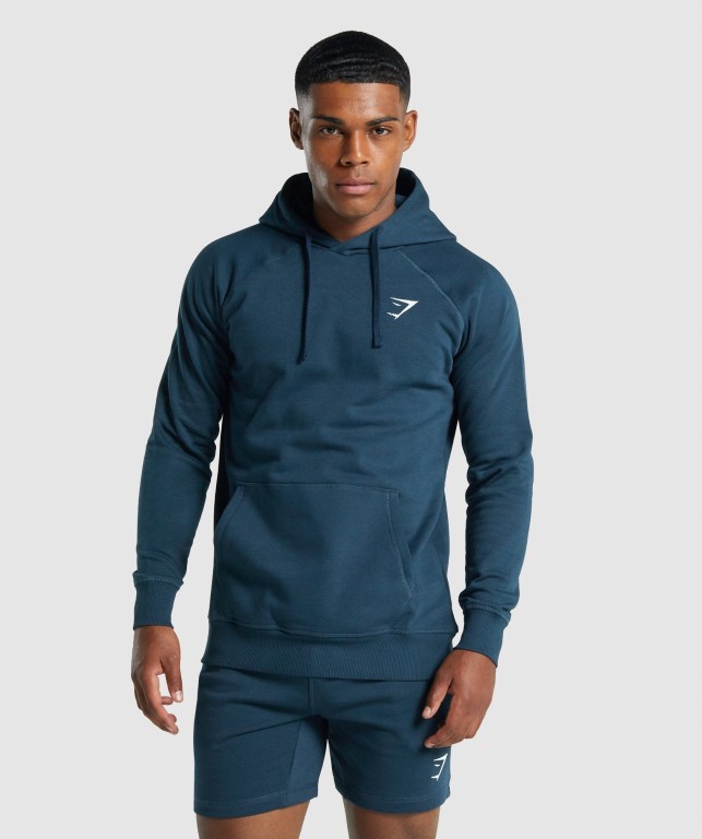 Navy Gymshark Crest Men\'s Hoodies | US-83IVWBO