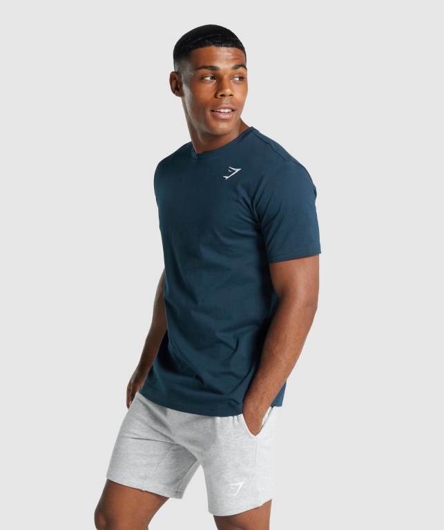 Navy Gymshark Crest Men's T Shirts | US-20BVWCP