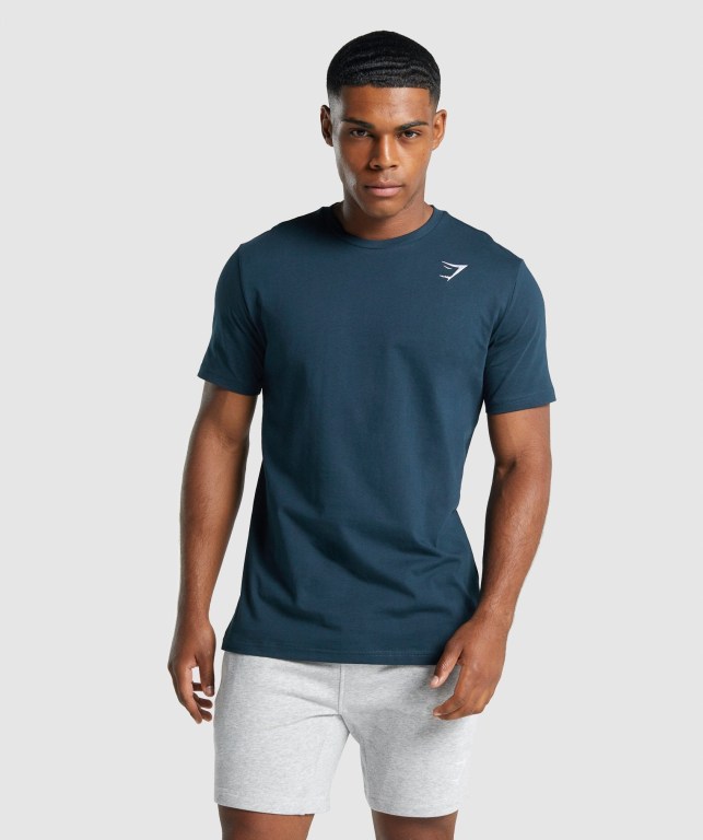 Navy Gymshark Crest Men\'s T Shirts | US-20BVWCP