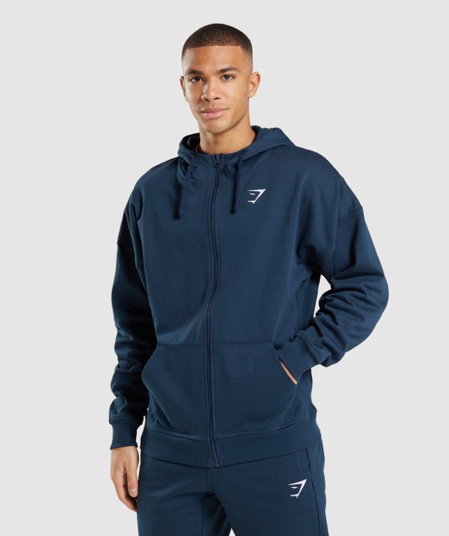 Navy Gymshark Essential Oversized Zip Up Men\'s Hoodies | US-86LVXIT