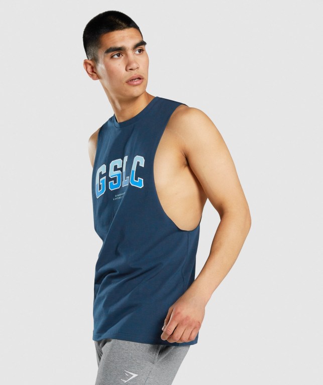 Navy Gymshark GSLC Collegiate Drop Arm Men's Tank Tops | US-98PHFKX