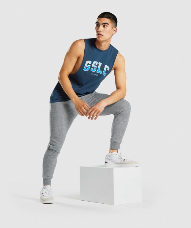 Navy Gymshark GSLC Collegiate Drop Arm Men's Tank Tops | US-98PHFKX