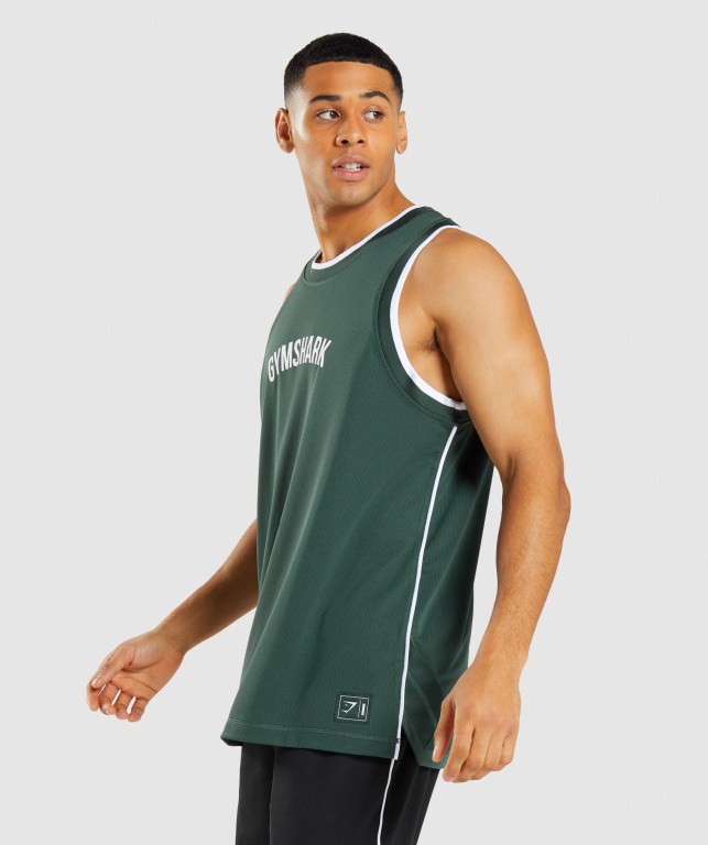 Obsidian Green / White Gymshark Recess Basketball Men's Tank Tops | US-34OMDZI