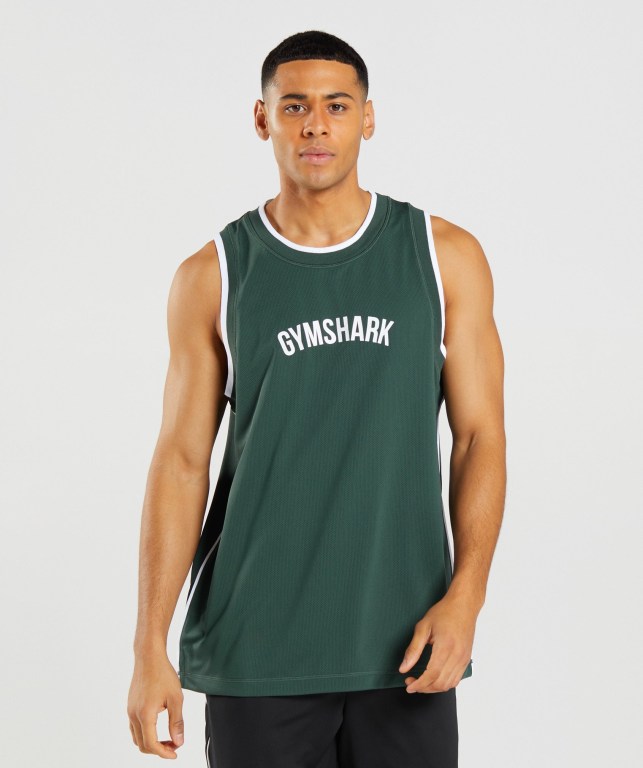 Obsidian Green / White Gymshark Recess Basketball Men\'s Tank Tops | US-34OMDZI