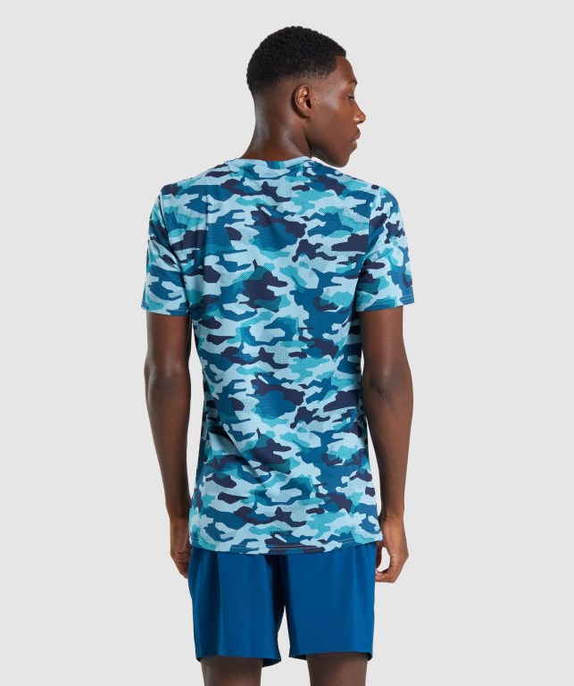 Turquoise Camo Gymshark Arrival Men's T Shirts | US-43BPODF