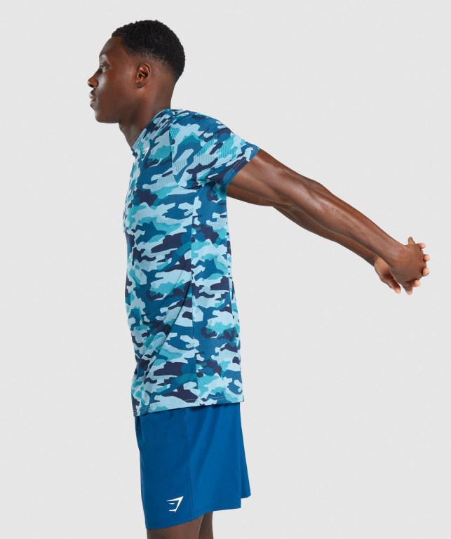 Turquoise Camo Gymshark Arrival Men's T Shirts | US-43BPODF