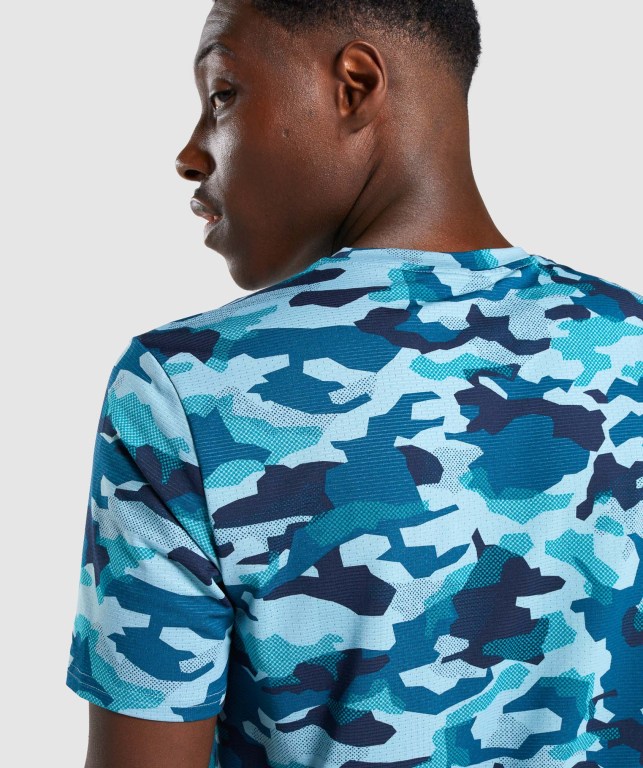 Turquoise Camo Gymshark Arrival Men's T Shirts | US-43BPODF