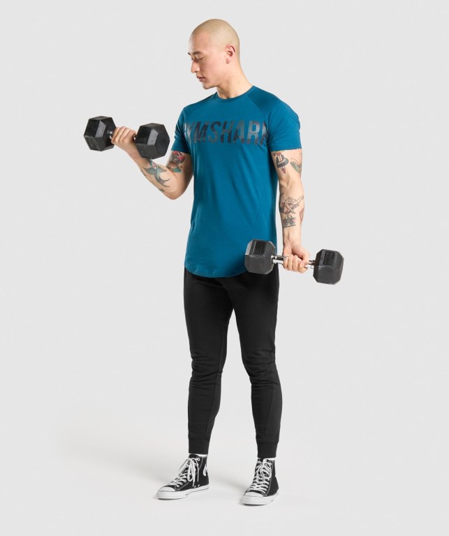 Turquoise / Camo Gymshark Bold Men's T Shirts | US-07SIUVN