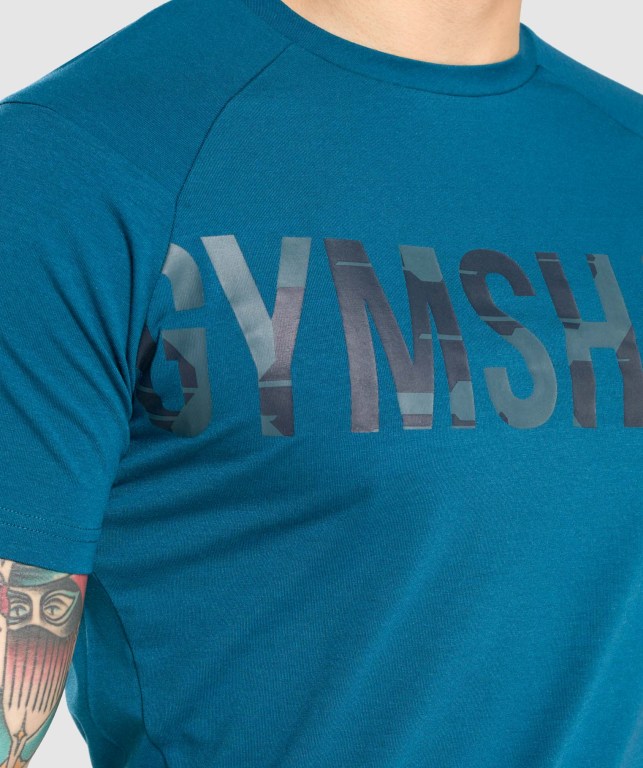 Turquoise / Camo Gymshark Bold Men's T Shirts | US-07SIUVN