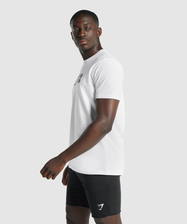 White Gymshark Block Infill Men's T Shirts | US-78FDSOZ