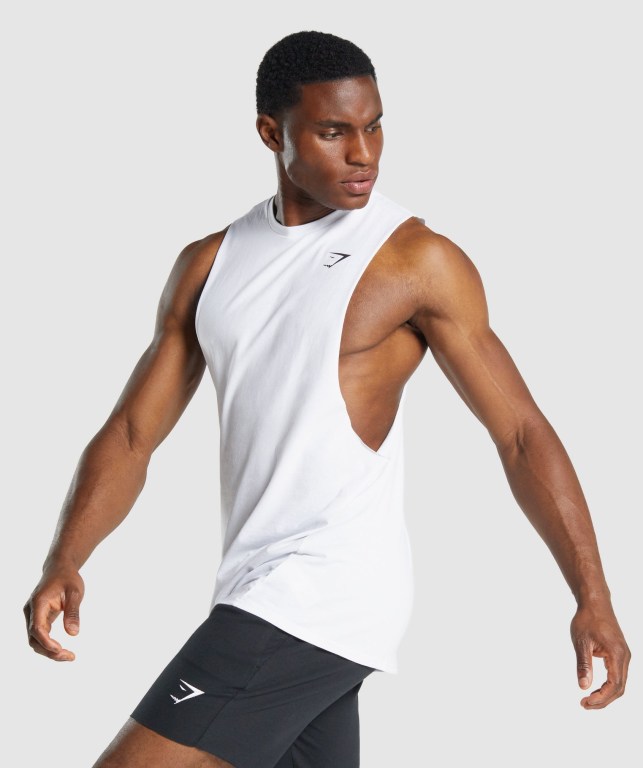 White Gymshark Critical 2.0 Drop Arm Men's Tank Tops | US-39WJZNC