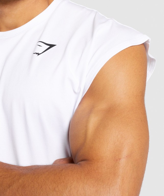 White Gymshark Critical Cut Off Sleeveless Men's Tank Tops | US-82JBRXA