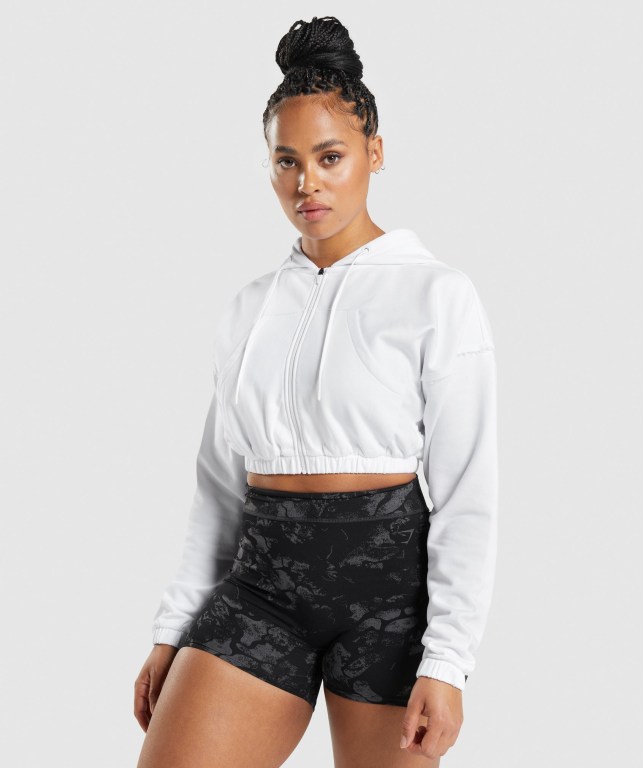 White Gymshark KK Fit Zip-Up Cropped Women's Hoodies | US-93UJPWZ