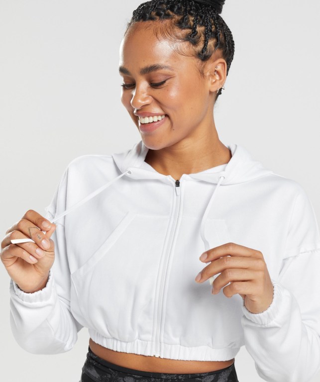 White Gymshark KK Fit Zip-Up Cropped Women's Hoodies | US-93UJPWZ