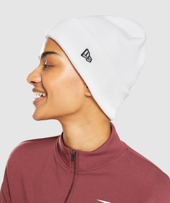 White Gymshark New Era Sharkhead Cuff Knit Women's Headwear | US-63VYKTQ