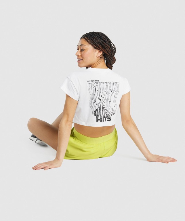 White Gymshark Pre-Workout Graphic Crop Women's T Shirts | US-43SHPXU