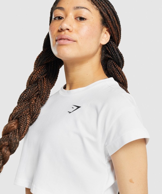 White Gymshark Pre-Workout Graphic Crop Women's T Shirts | US-43SHPXU