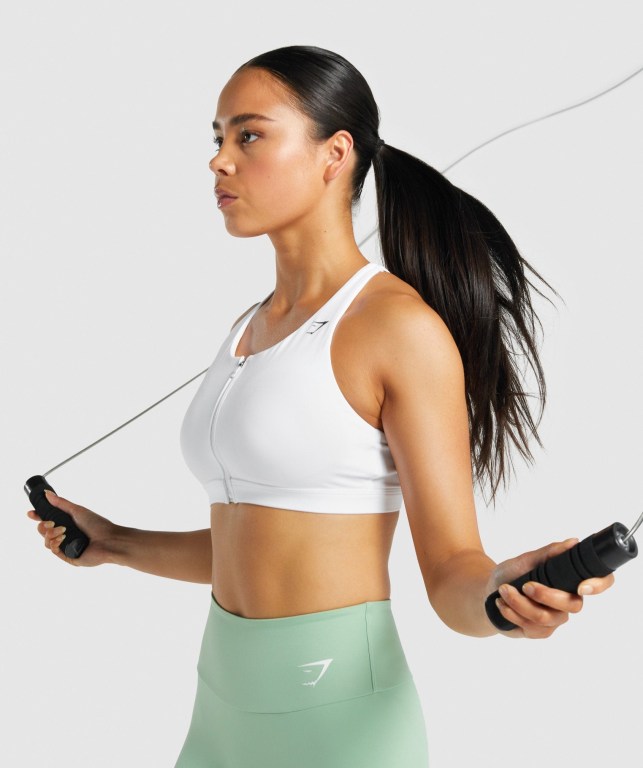 White Gymshark Zip Up Training Women's Sports Bra | US-71ODPIZ