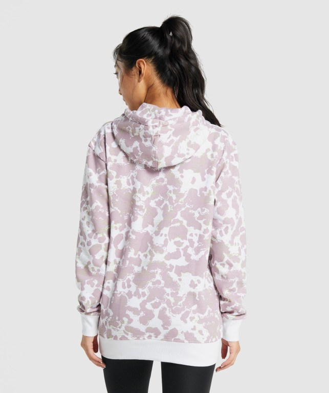 White / Purple Gymshark Camo Graphic Oversized Women's Hoodies | US-61UBSKI