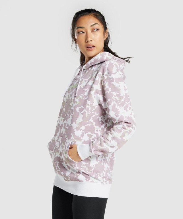 White / Purple Gymshark Camo Graphic Oversized Women's Hoodies | US-61UBSKI