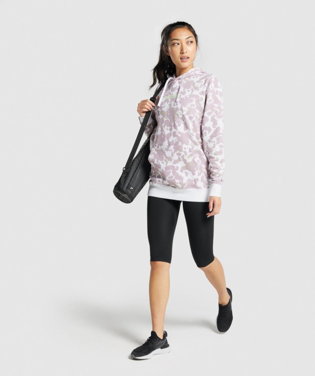 White / Purple Gymshark Camo Graphic Oversized Women's Hoodies | US-61UBSKI