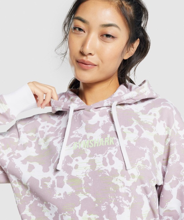 White / Purple Gymshark Camo Graphic Oversized Women's Hoodies | US-61UBSKI